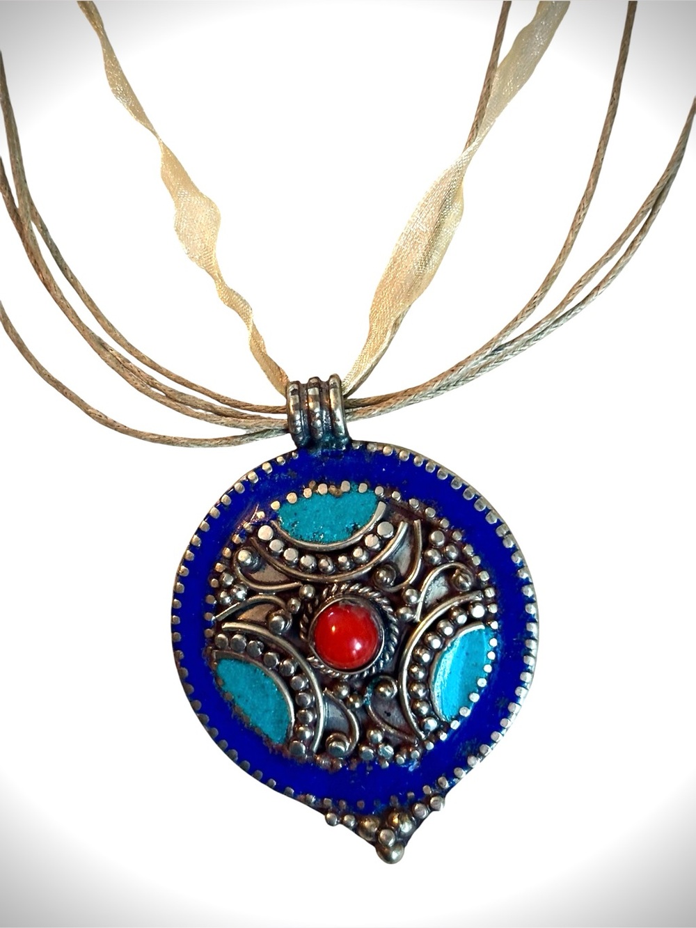 Carnelian and turquoise Spiral Pendant Necklace Tibetan Silver
